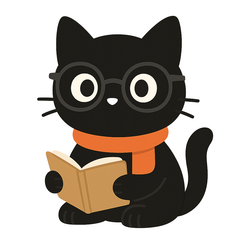 Finny the cat mascot sitting with a book